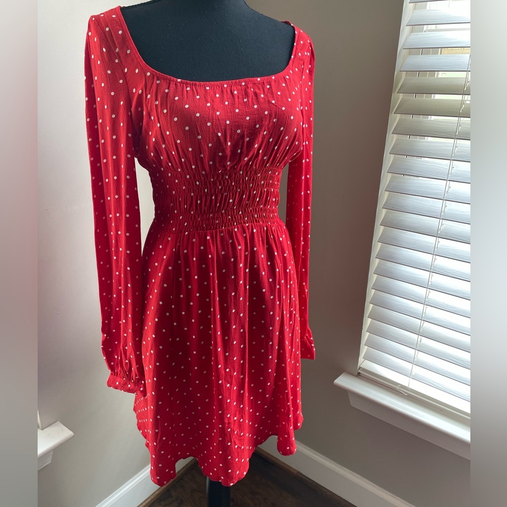 Bershka Red Long Sleeve Dress with White Dots S